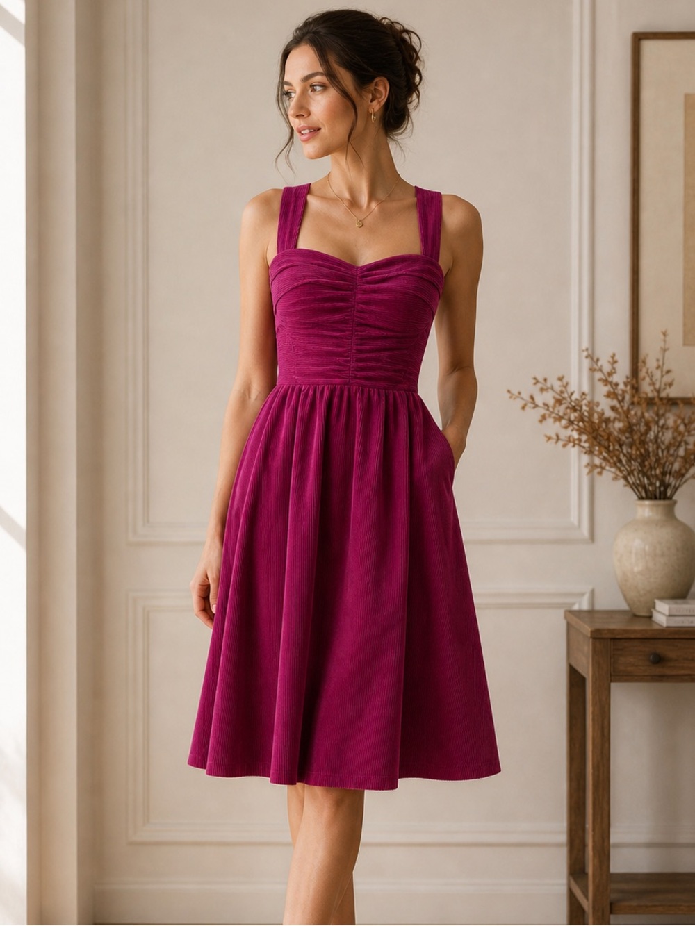 HD in Paris Fuchsia Corduroy Dress Fit & Flare Convertible Straps Size 6